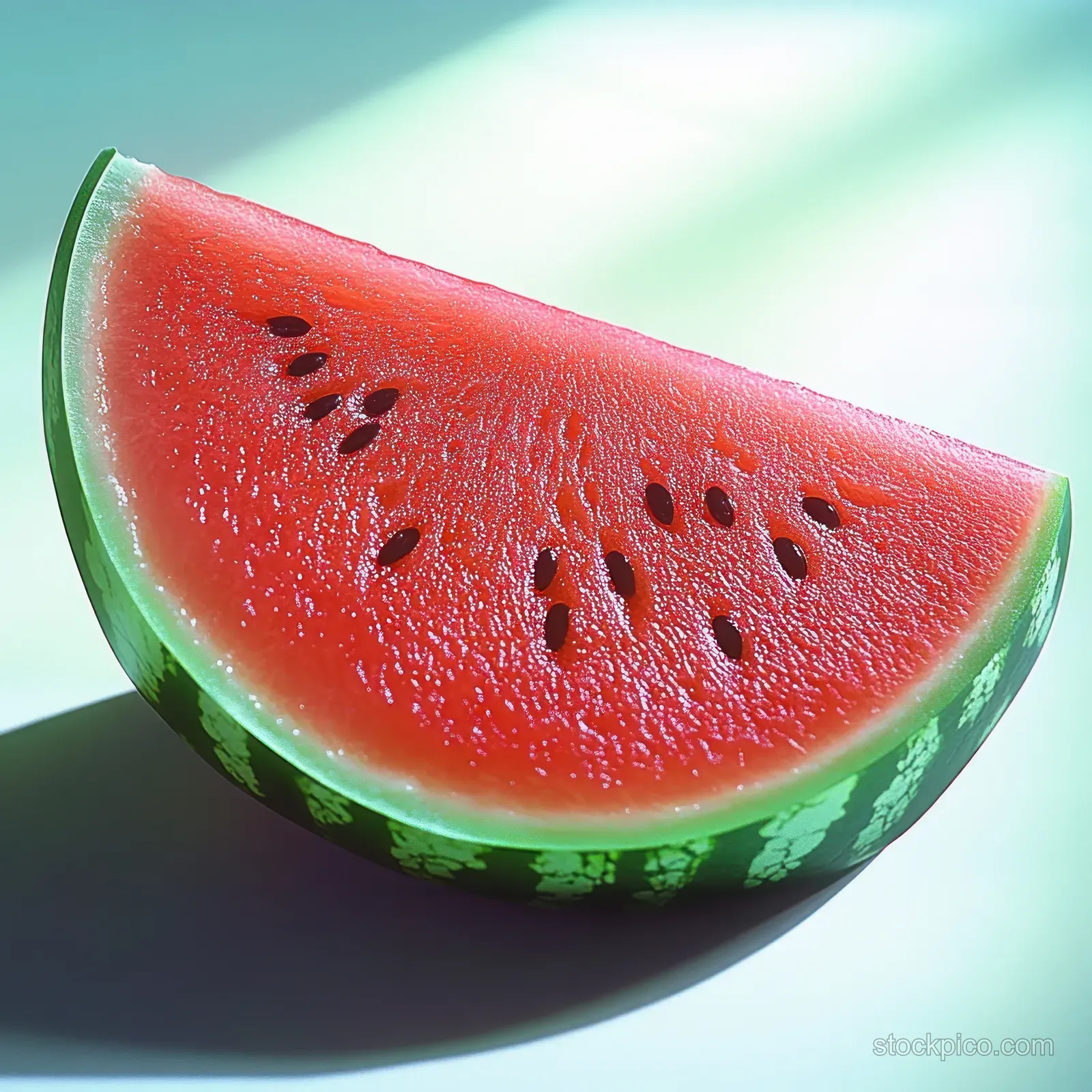 A red watermelon slice with visible seeds and green rind edge under bright natural light.
