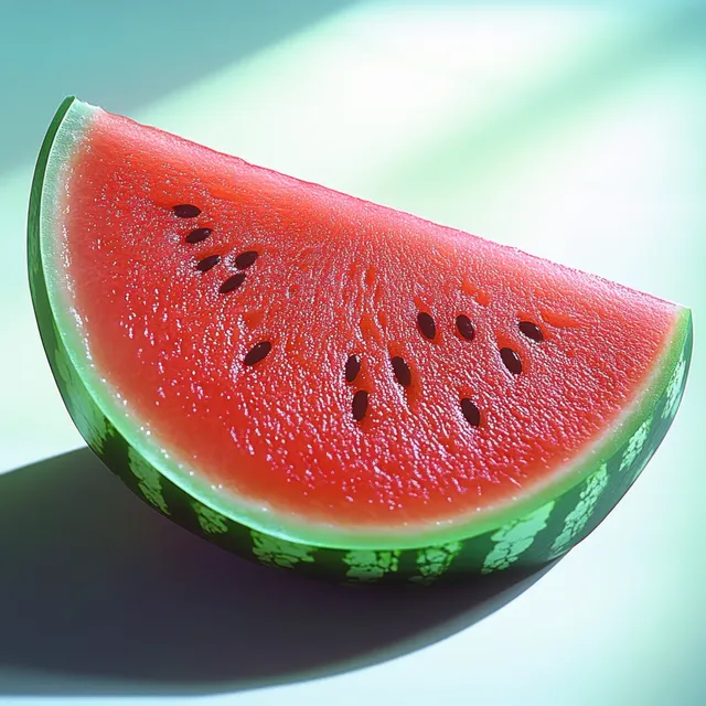 Red watermelon slice with seeds on green rind, lit by bright natural daylight