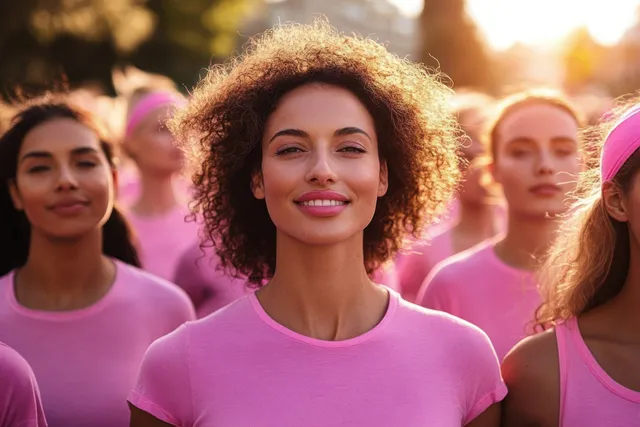 People wearing pink shirts march together outdoors at golden hour with warm sunlight and cheering faces.