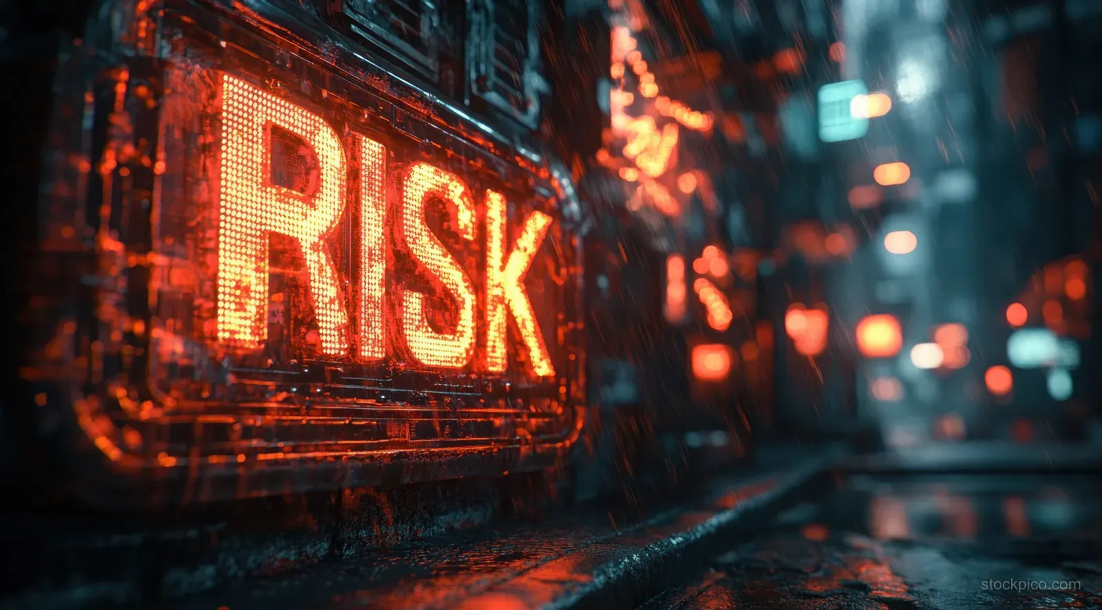 A glowing “RISK” hologram warning appears in a neon cyberpunk alley while a hand touches a tablet.