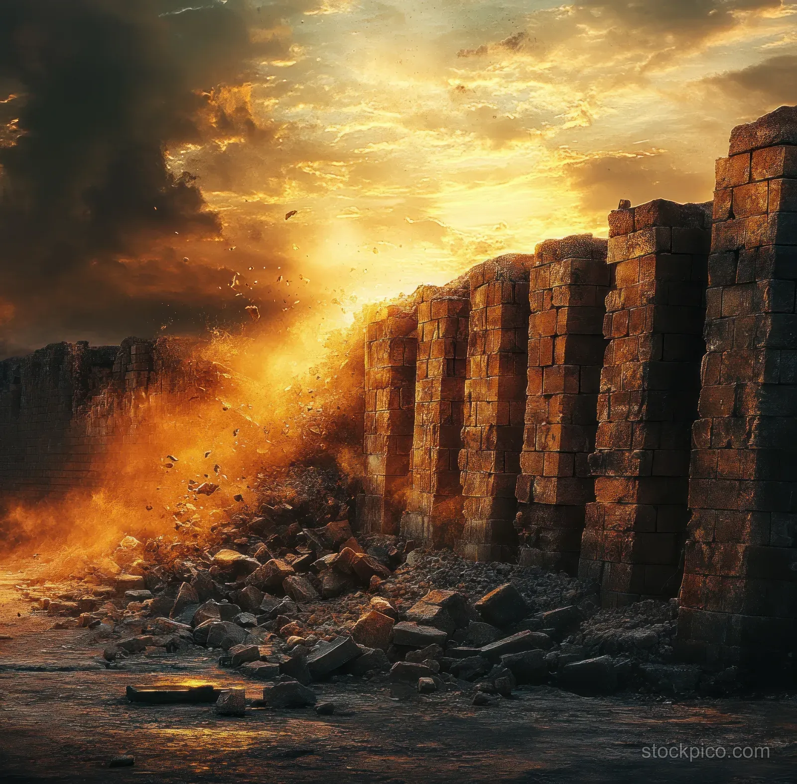 Ruined ancient walls of Jericho stand amid falling stones and dust in a golden sunset sky.