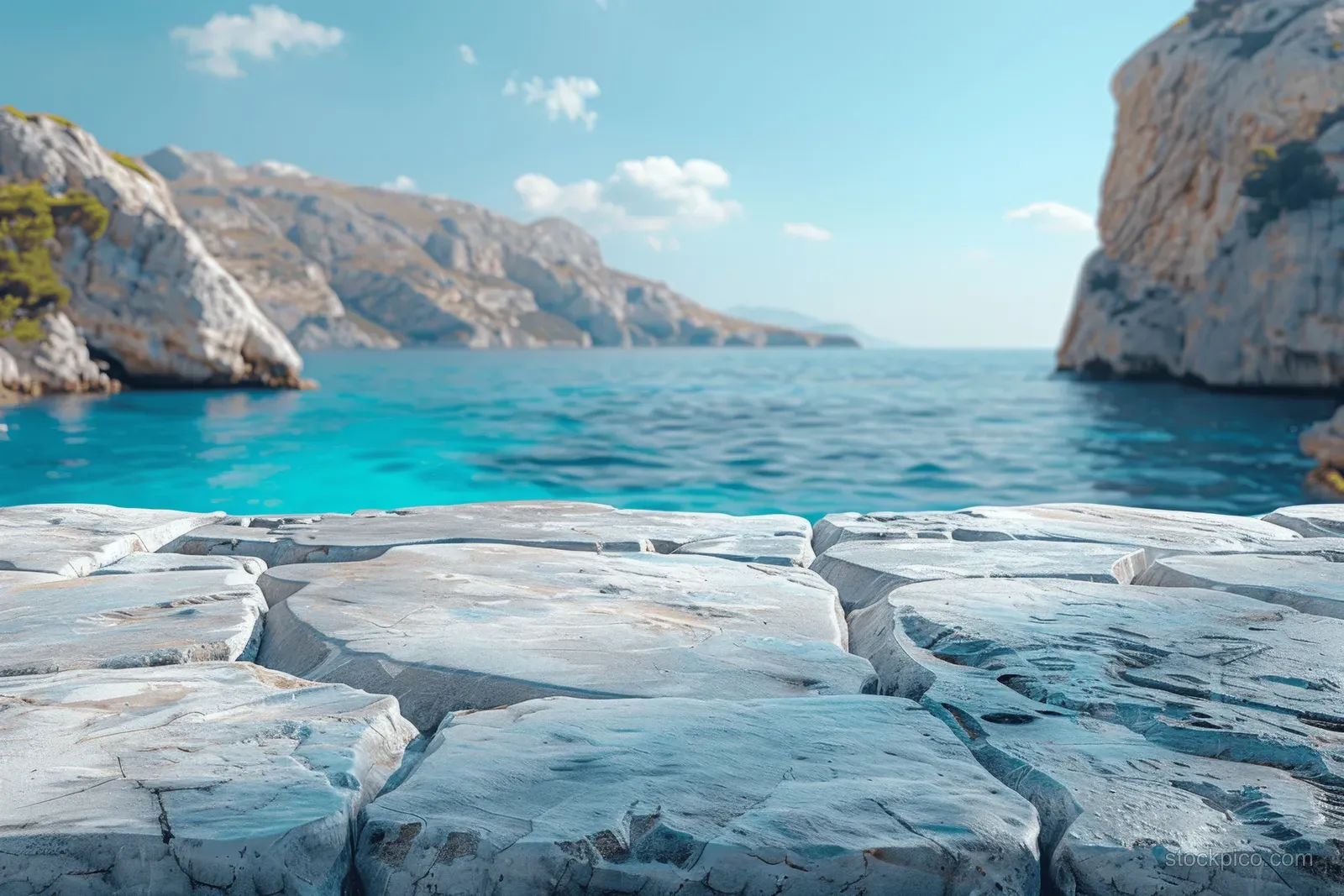 White marble stone tabletop in the foreground with turquoise sea and coastal cliffs blurred in the background.