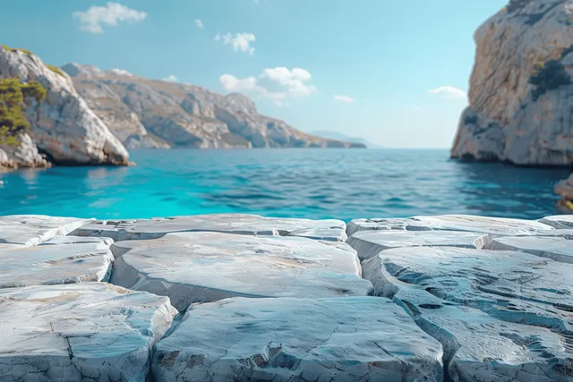White marble tabletop with copy space overlooking turquoise sea and cliffs at daylight
