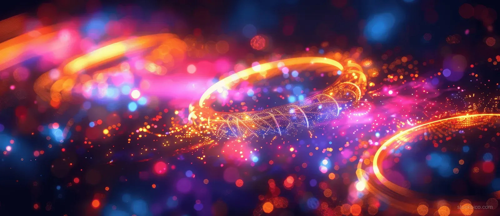 Abstract neon rings glow over a dark background with colorful bokeh lights and curved light trails.