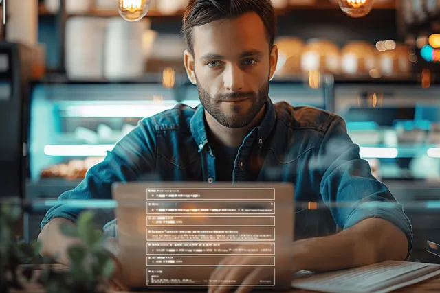 Man at a cafe uses a laptop showing an online questionnaire form with option selections and checkboxes.
