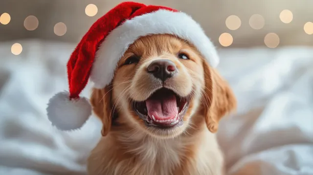 Golden retriever puppy wearing a Santa hat smiling with warm glowing bokeh lights behind.