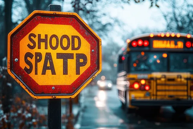Close-up of a rusted altered school stop sign with distorted text as a yellow bus blurs in rainy overcast street.