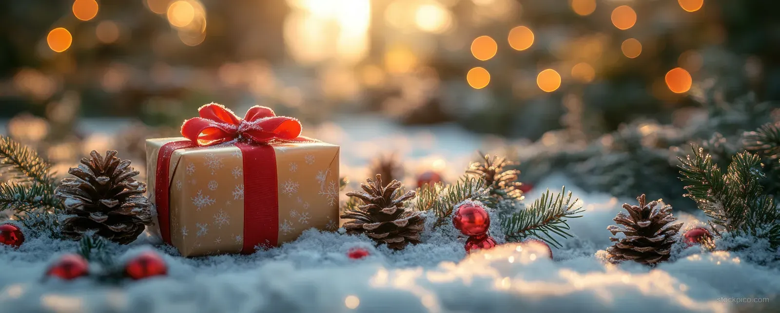 A red ribbon Christmas gift box on snowy pine needles surrounded by pinecones with warm glowing lights in the background.