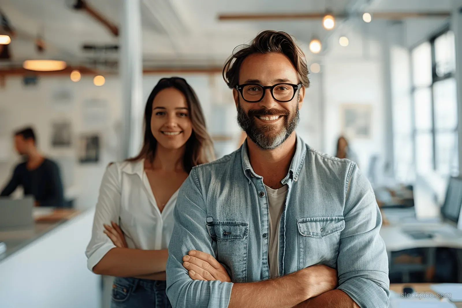 Two coworkers stand together in a bright office, smiling and holding a laptop.