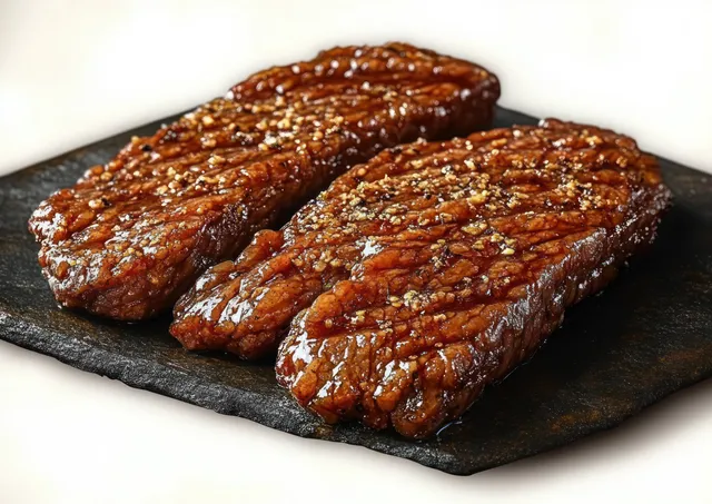 Two grilled steak slices with pepper flecks sit on a dark stone serving board.