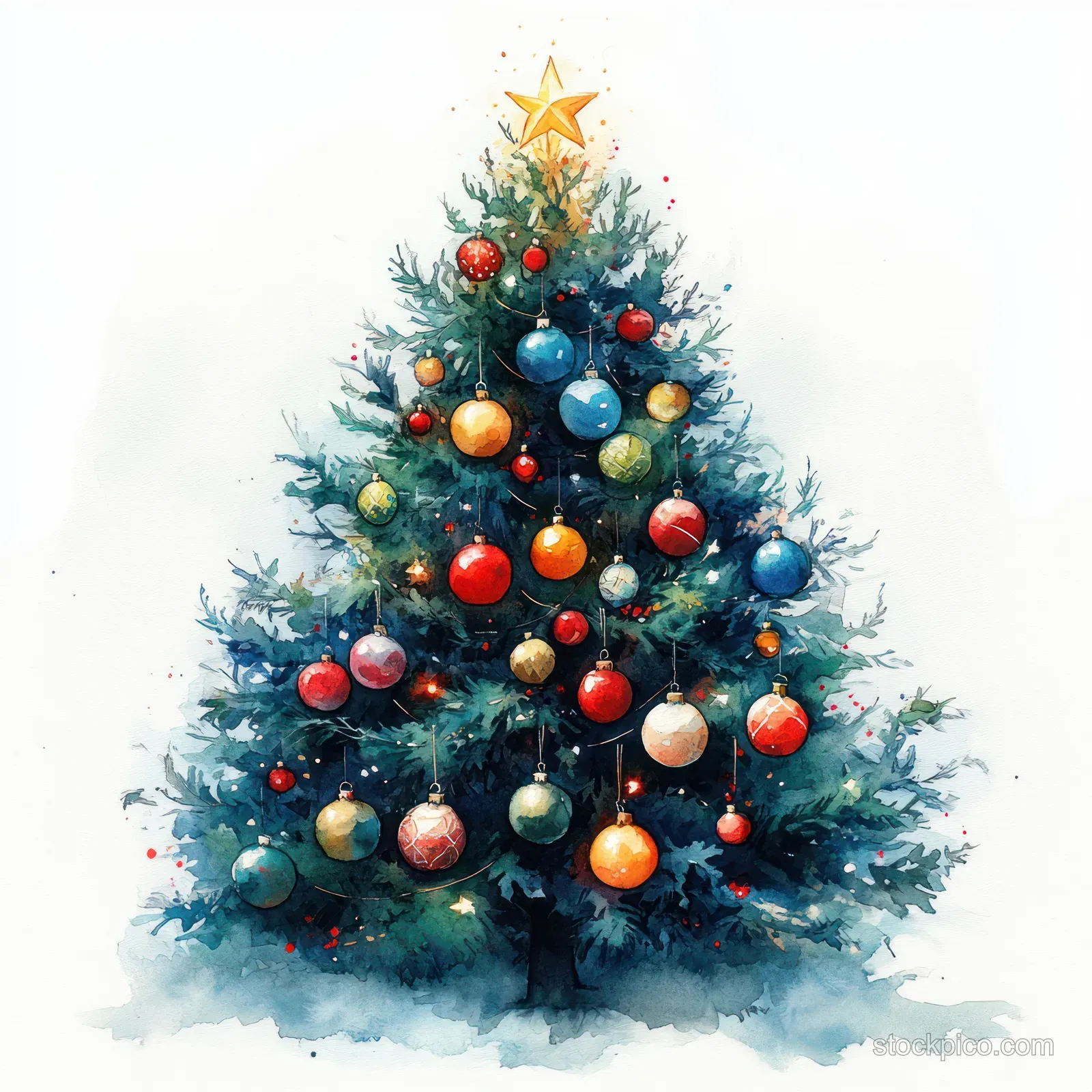 Watercolor Christmas tree with colorful baubles and a golden star on a minimal white background.