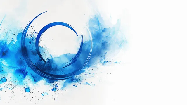 Blue circular watercolor splash with visible brush strokes and ink-like splatter