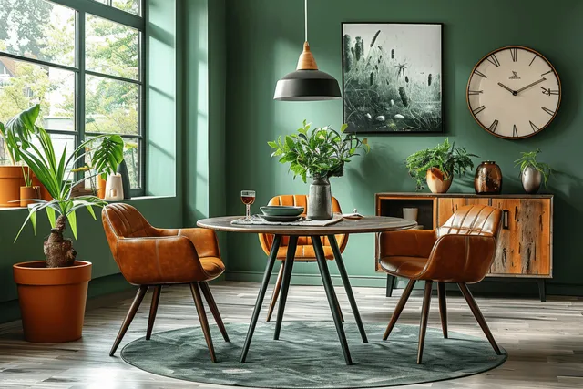 Brown leather armchairs and a round table in a green dining room with a framed painting and a wall clock by the window.