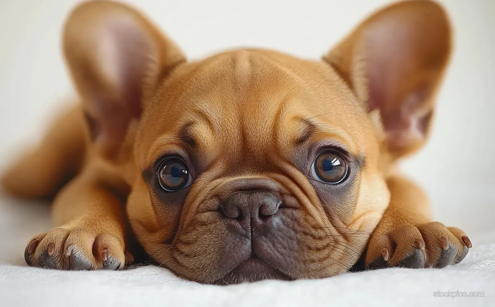 A fawn-colored puppy lying on a soft surface with paws stretched out, looking at the camera with big eyes.