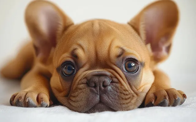 A fawn-colored puppy lying on a soft surface with paws stretched out, looking at the camera with big eyes.
