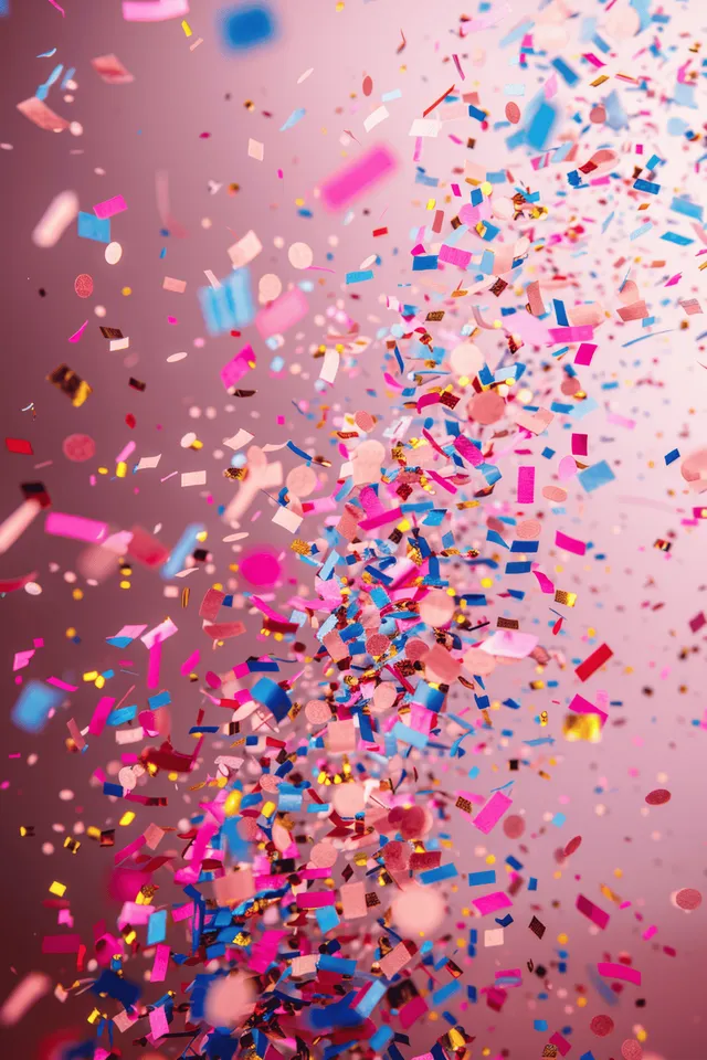 Colorful confetti flying through the air against a pink festive background