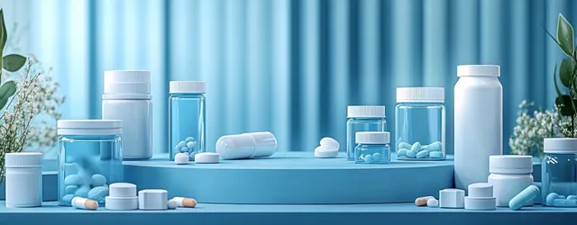 White and blue pill bottles and capsules arranged on a blue platform with blurred curtains and green foliage behind.