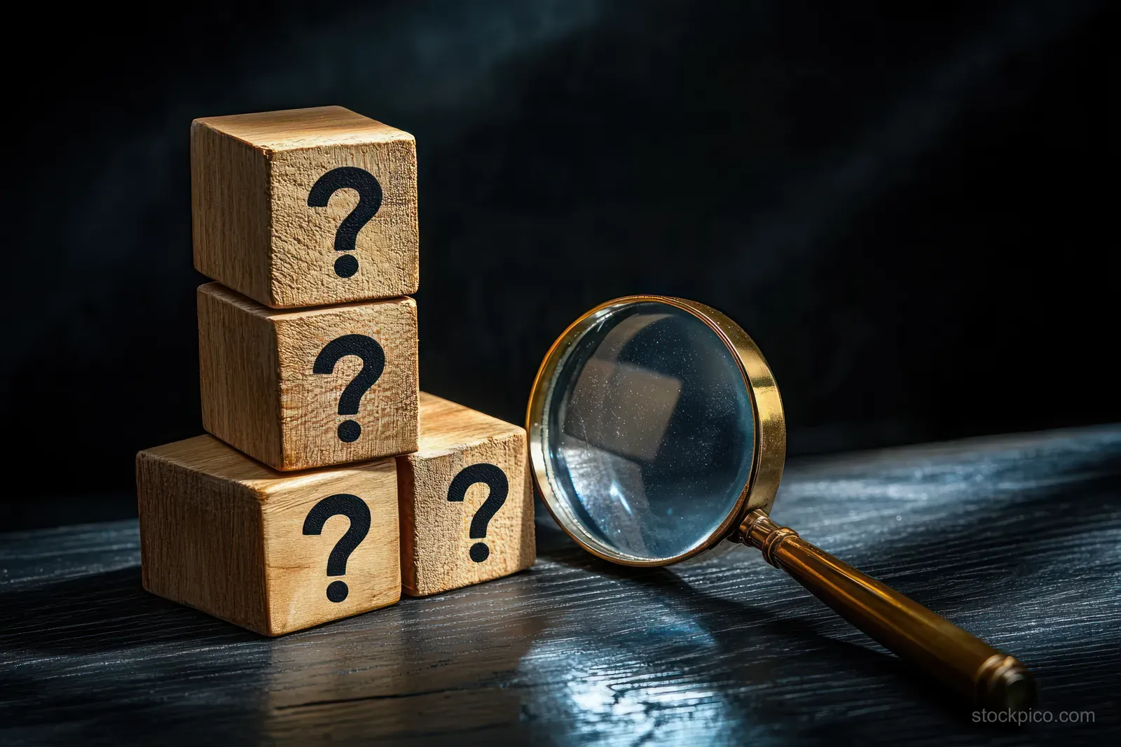 Stacked wooden cubes with question marks sit beside a magnifying glass on a dark wooden background.