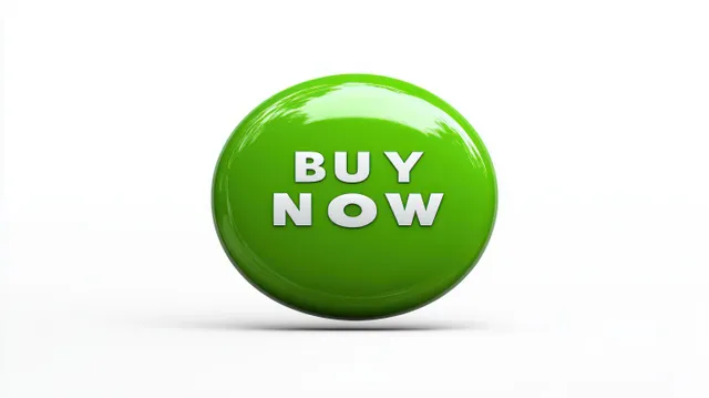 Shiny green round button with bold white “BUY NOW” text on clean white background