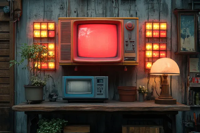 Retro TV and rotary phone on desk under glowing square light panels, pop art