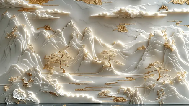 Stucco landscape relief of mountains, rivers, and flowing gold clouds across a decorative wall panel.