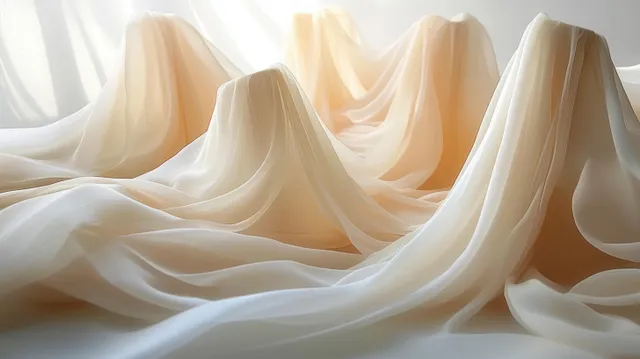 Translucent beige fabric drapes over rounded forms, creating smooth flowing waves