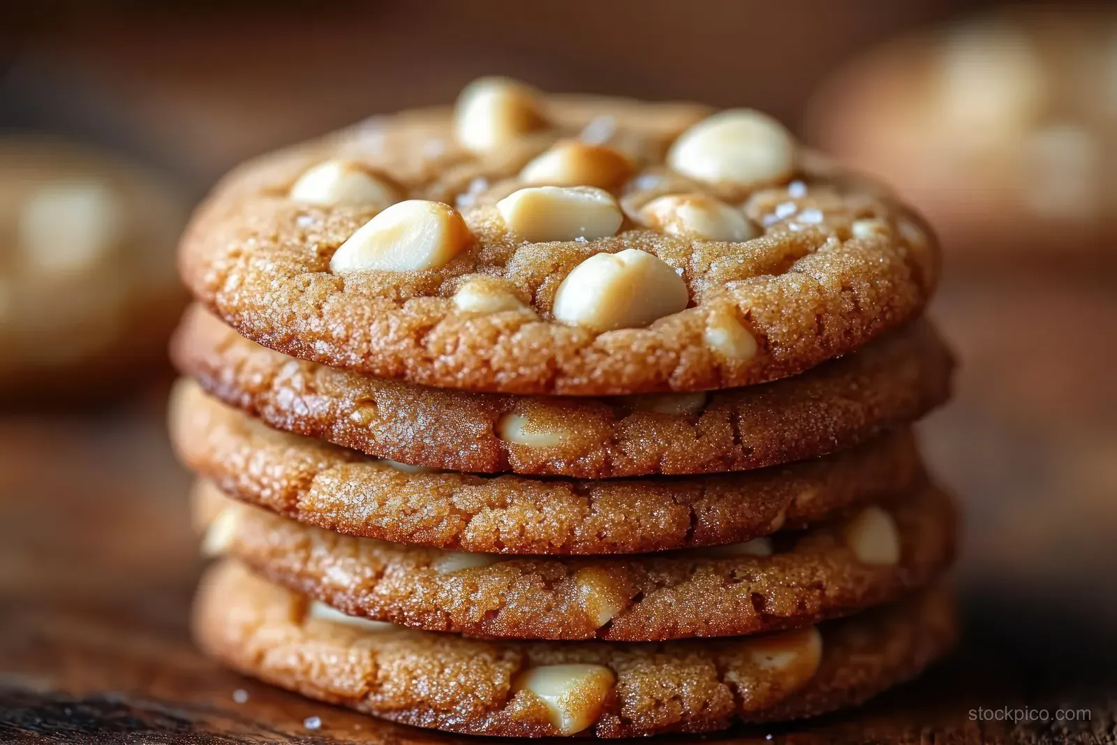 A stack of five golden brown cookies with white chocolate chips sits on a wooden surface.