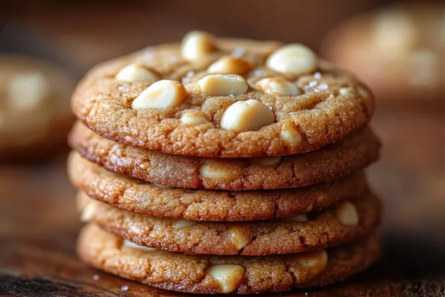 A stack of five golden brown cookies with white chocolate chips sits on a wooden surface.