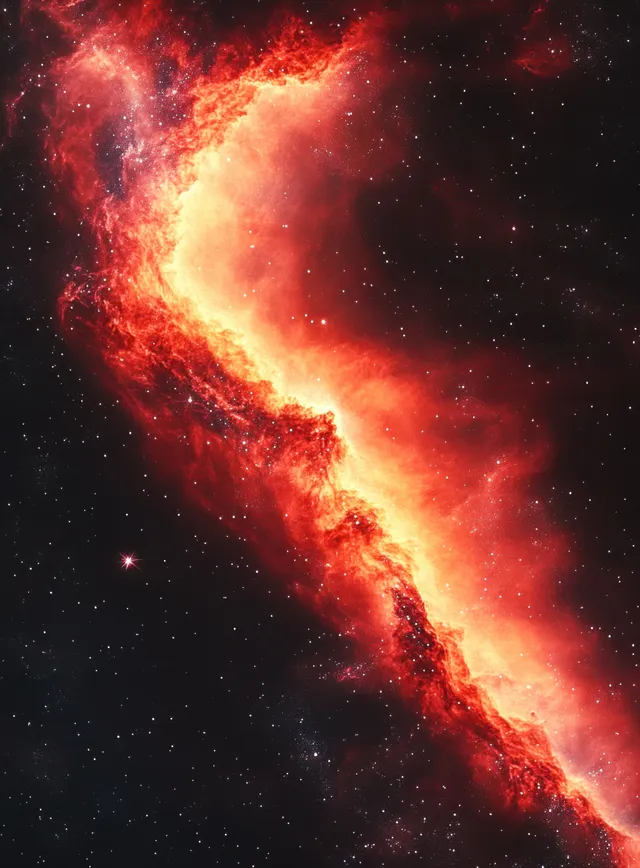 A fiery red and orange nebula glows in dark space amid scattered stars.