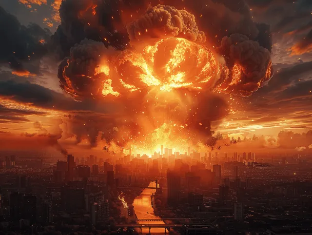 Nuclear mushroom cloud erupts over a burning city with blazing flames and dark smoke