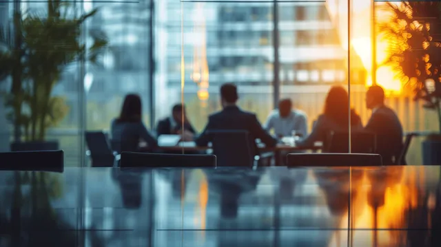 Blurred executives in a glass-walled office meeting, warm sunset light and bokeh
