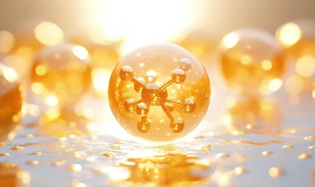 Golden vitamin capsule floats above shimmering serum droplets with warm bokeh lights in the background.