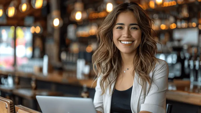 Confident Latina Business Professional Working on a Laptop in a Cafe