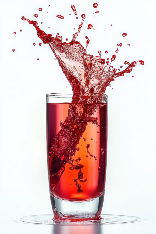 Red cherry juice splash erupts into a clear glass on white background