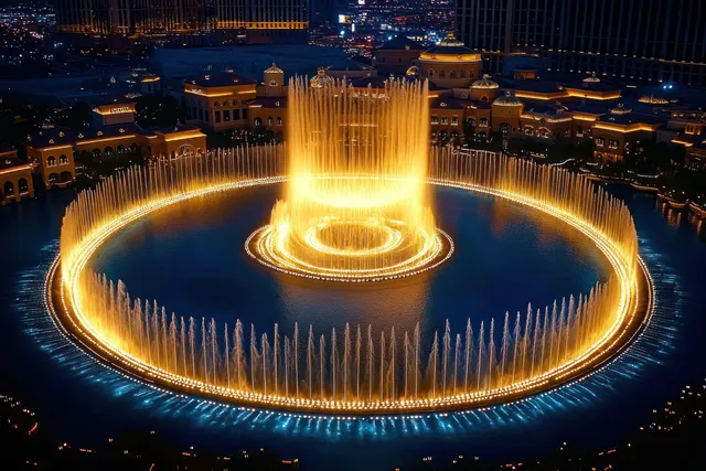 A large circular fountain glows with golden water jets at night in front of illuminated buildings.
