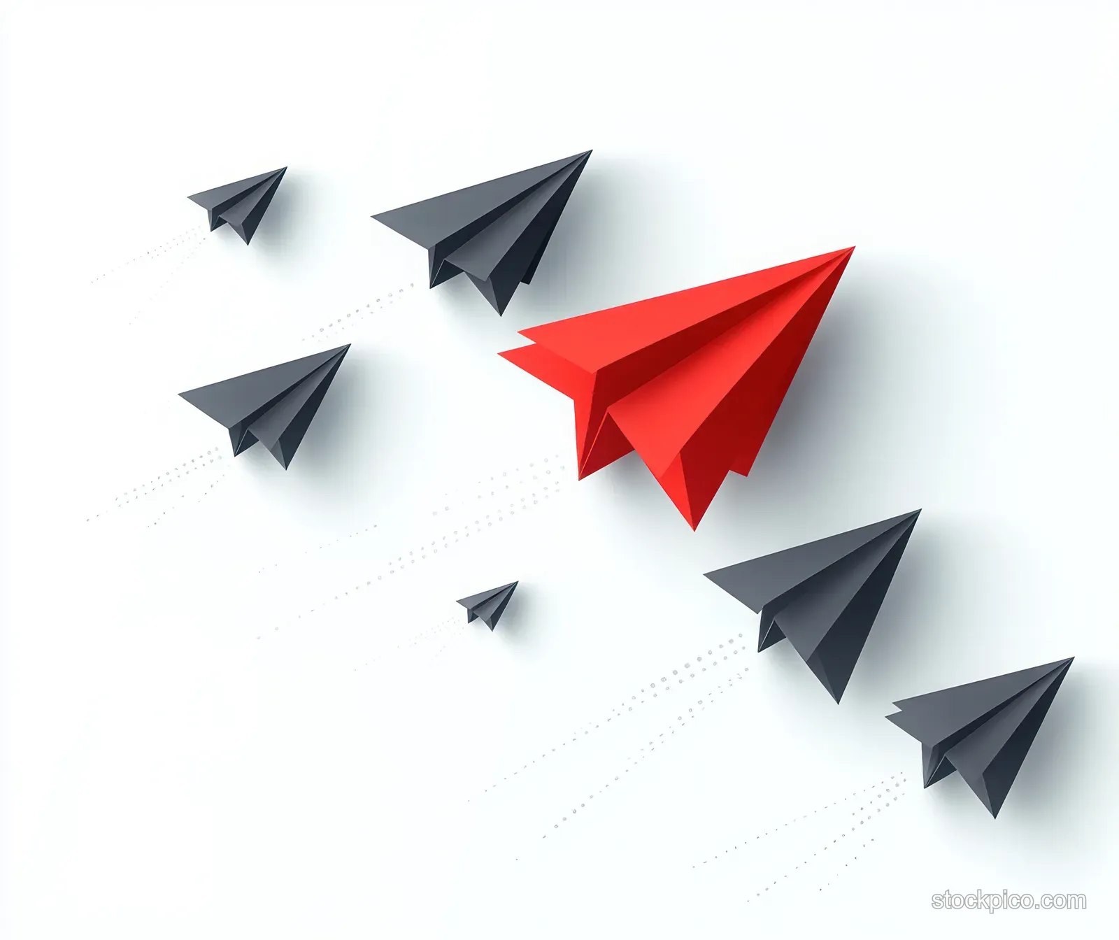 A red paper airplane leads multiple black paper airplanes flying in formation on a white background.