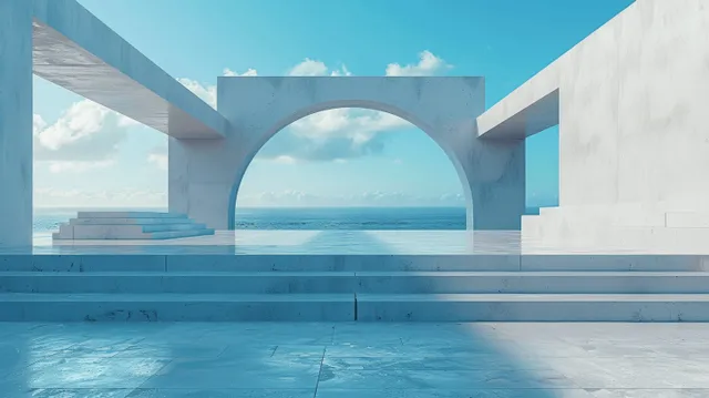 Symmetrical white concrete platform frames a blue arch opening with a clear sky beyond.