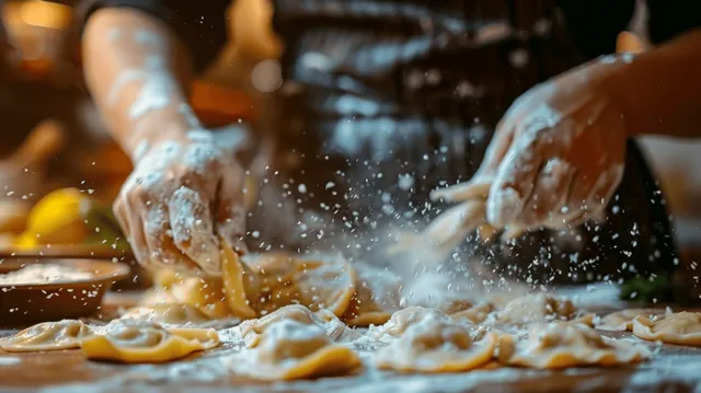 Hands press pierogi dough on a floured kitchen table while filling pieces sit nearby.