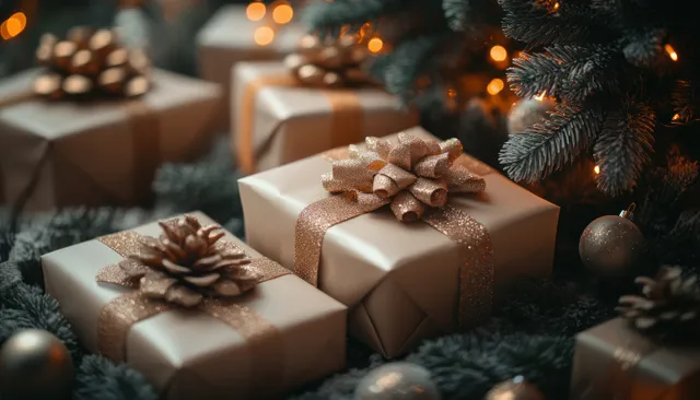 Under a decorated evergreen tree, wrapped presents glow in snowy winter bokeh lights