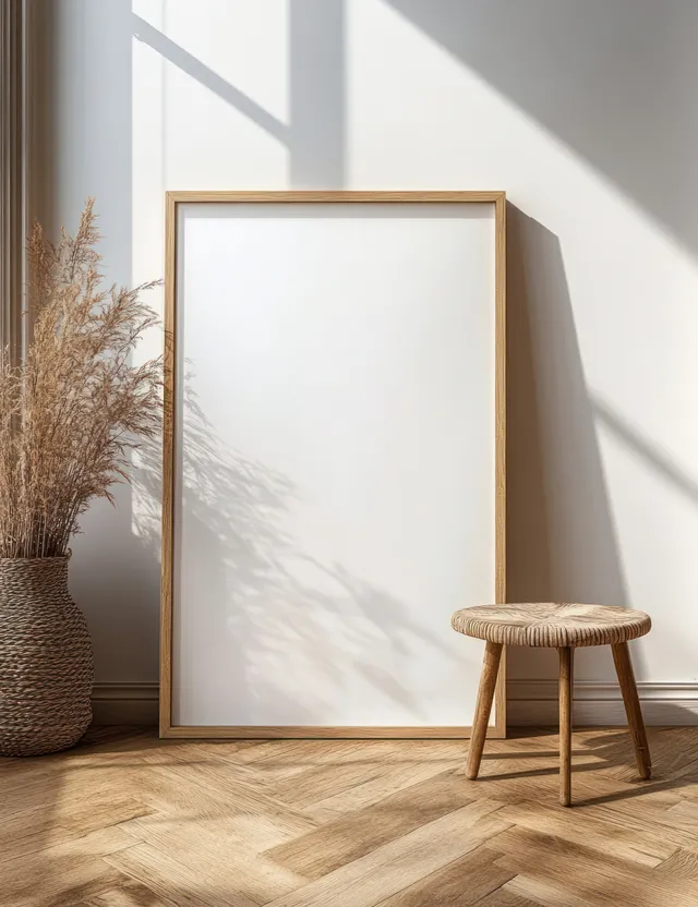 Blank canvas in a wooden frame stands in a sunlit Scandinavian room corner beside a small wooden stool.