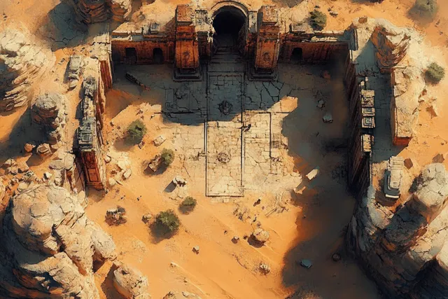 Aerial view of a desert fortress ruin showing sandy rooms, scattered rocks, and a tactical grid.