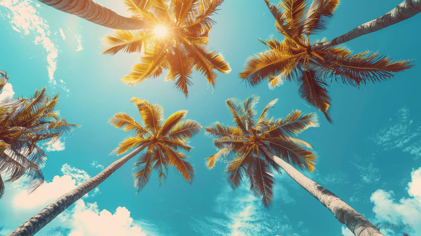 Low-angle view of palm trees stretching upward beneath a bright blue sky with sunlit clouds.