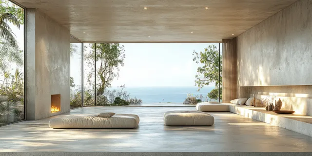 Empty concrete interior with wide window opening to the ocean, recessed niches, and warm wall lighting.