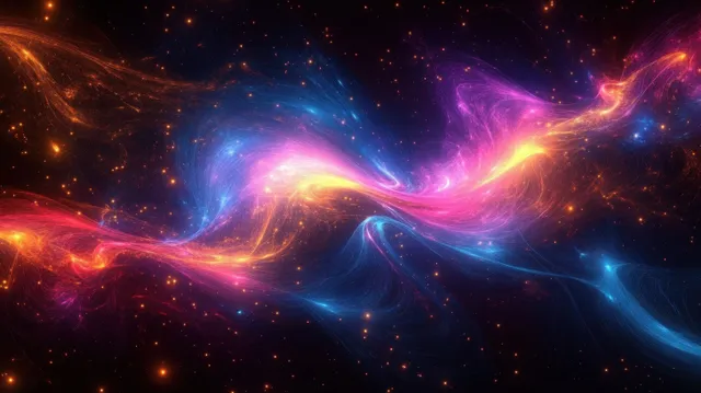 Swirling blue and pink light waves form glowing cosmic streams over a dark starry nebula background.