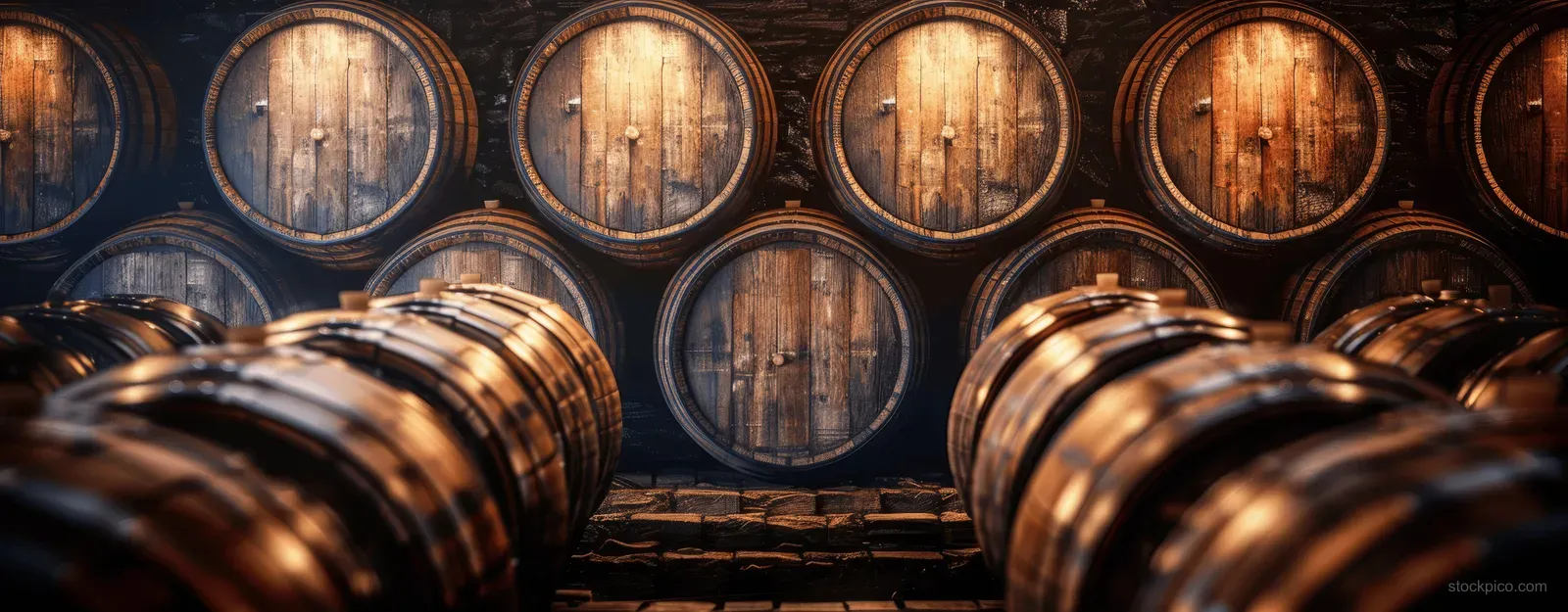 Rows of oak whiskey barrels stacked in a dim distillery cellar.