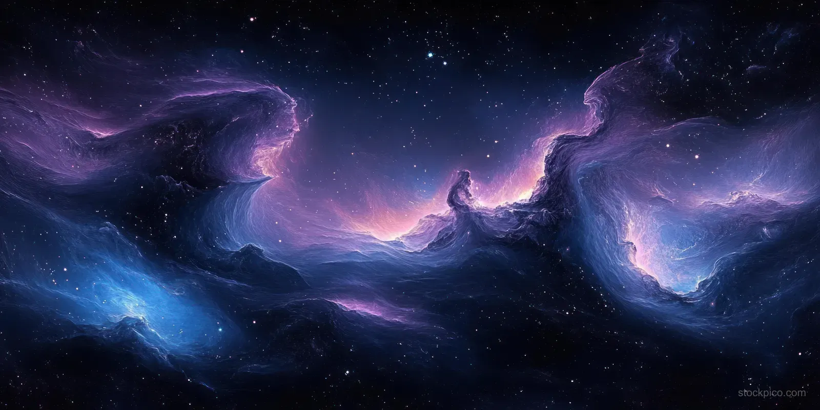 Purple and blue nebula clouds swirl around a glowing starfield with tiny points of light.