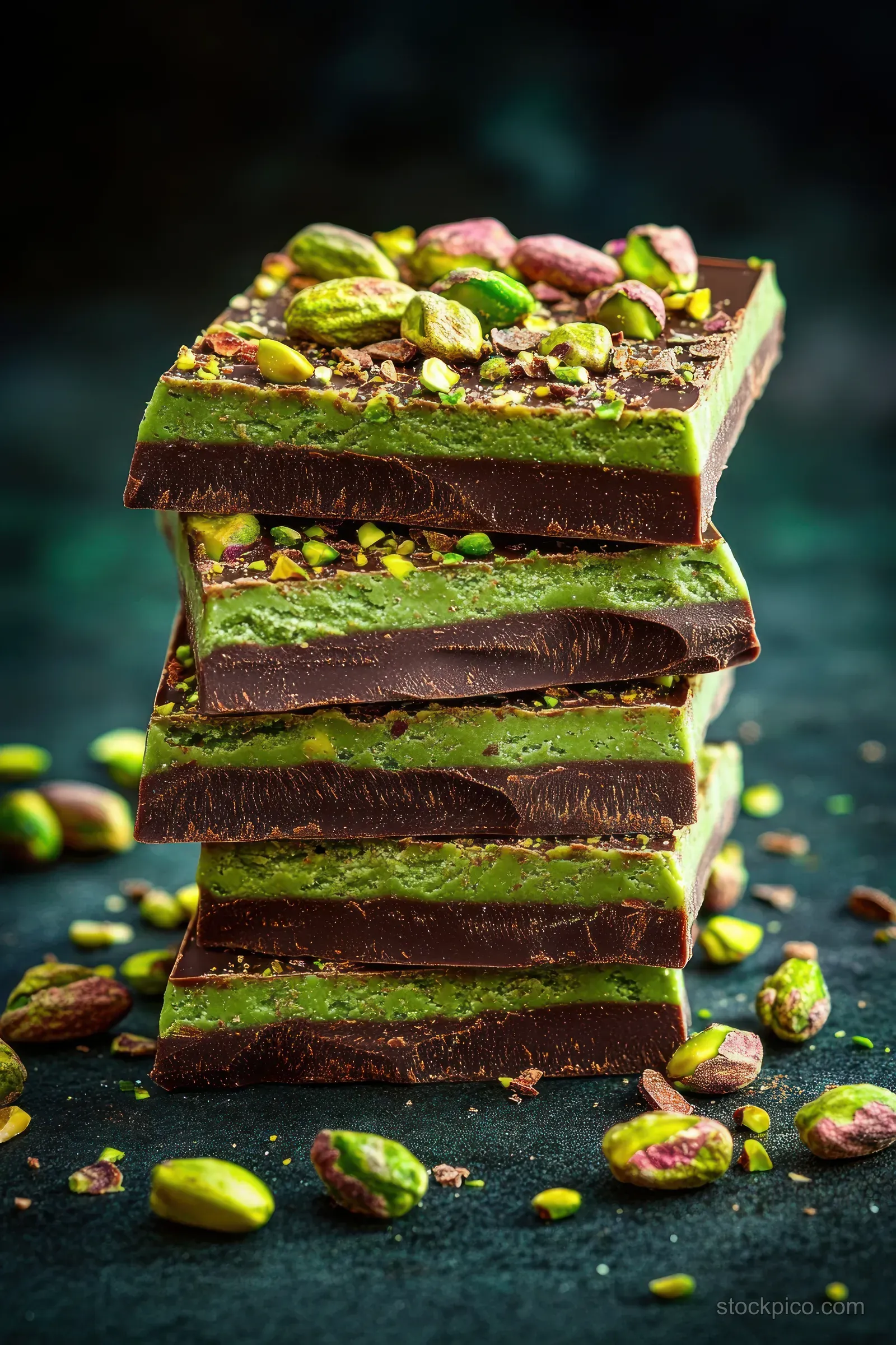 Stacked dark chocolate pistachio bars with green filling, topped and surrounded by whole and crushed pistachios on a dark surface.