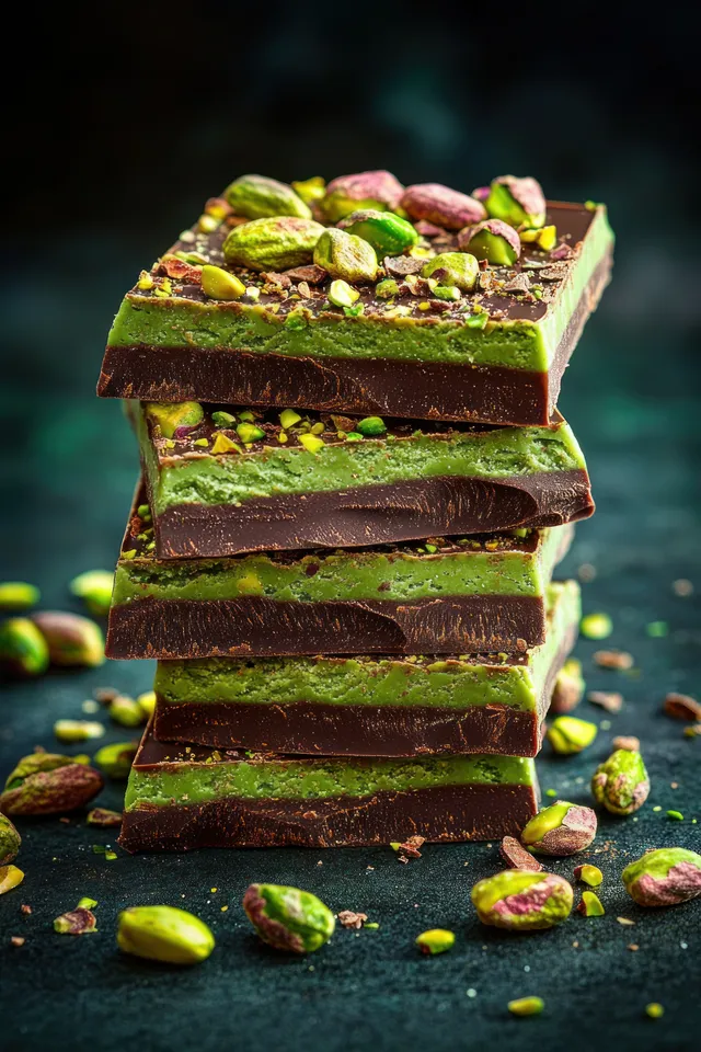 Stacked dark chocolate pistachio bars with green filling, topped and surrounded by whole and crushed pistachios on a dark surface.