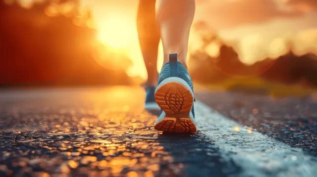 Runner’s feet in sport shoes jogging on road at sunset, close-up natural light
