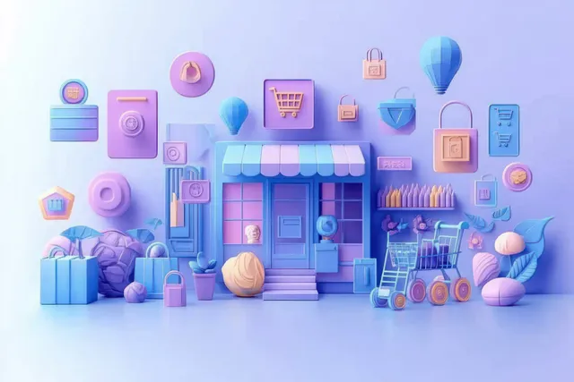 Pastel storefront with floating shopping icons, cart shapes, and product boxes in a surreal digital shop scene.